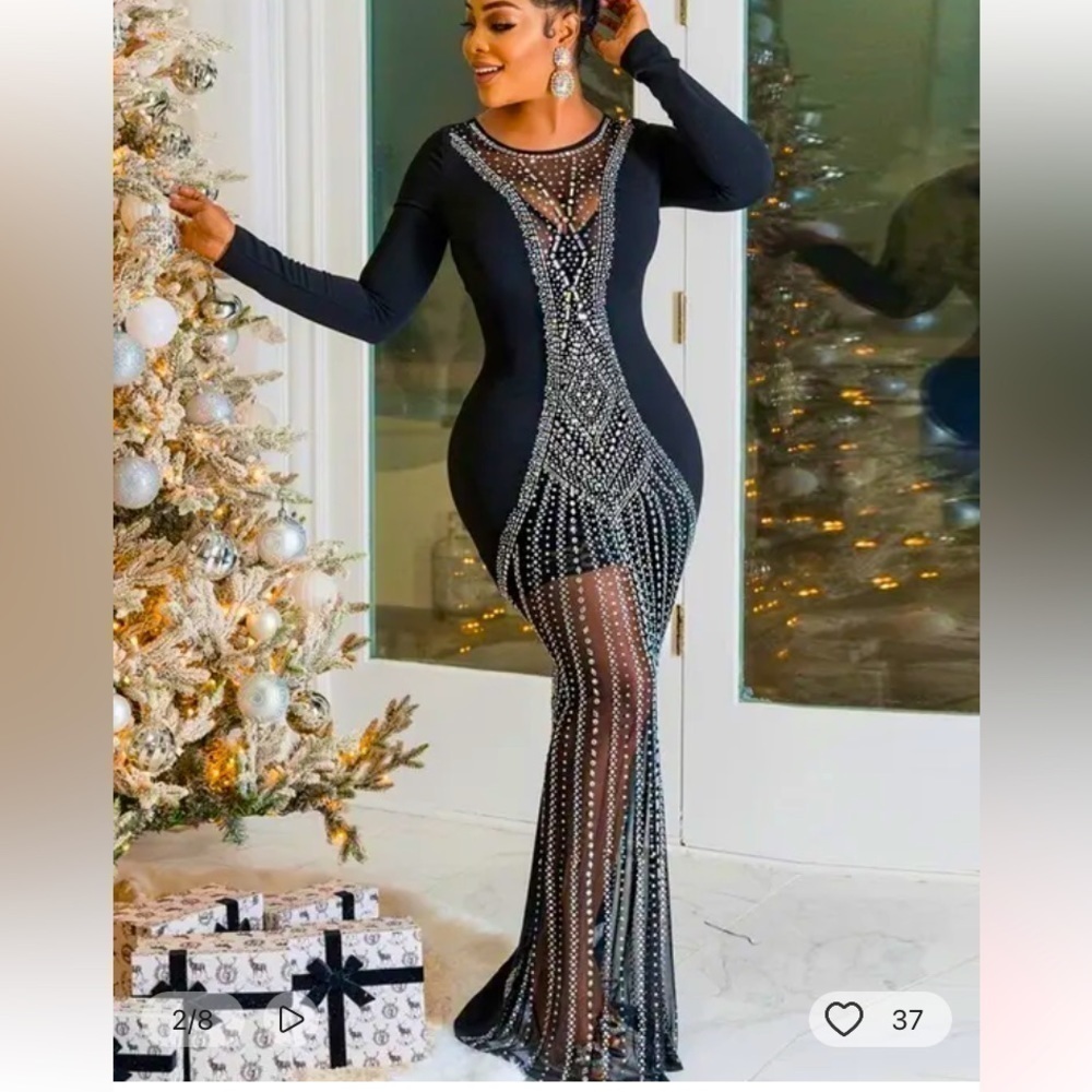 LONG max dress, luxury rhinestone crystals, long sleeves